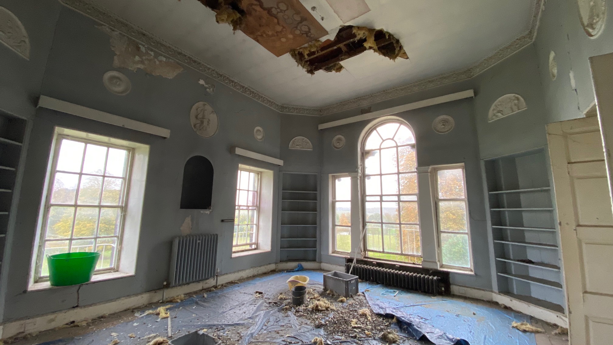 Damaged ceiling in the Adam Room